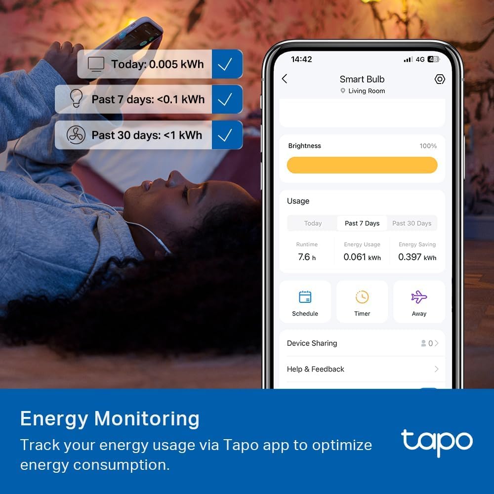 Tapo TP-Link Smart Light Bulbs - Natural Daylight, Dimmable, Compatible w/Alexa and Google Home, A60 Bulb/E27 Base, 60W Equivalent, 800LM CRI>90, 2.4GHz WiFi Only, No Hub Required, L520E(4-Pack)