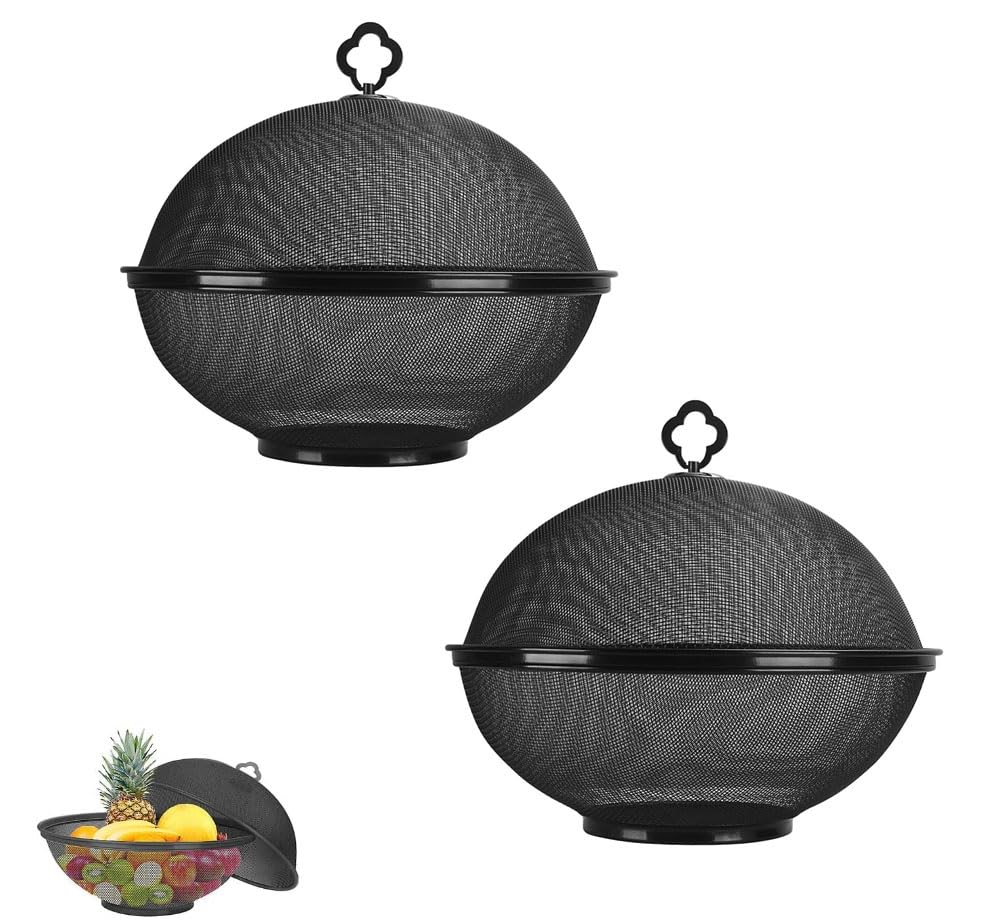 Metal Mesh Fruit Bowl with Lid & Basket - Fruit Fly Proof Kitchen Counter Storage for Fruits & Veggies (Black/2PCS)