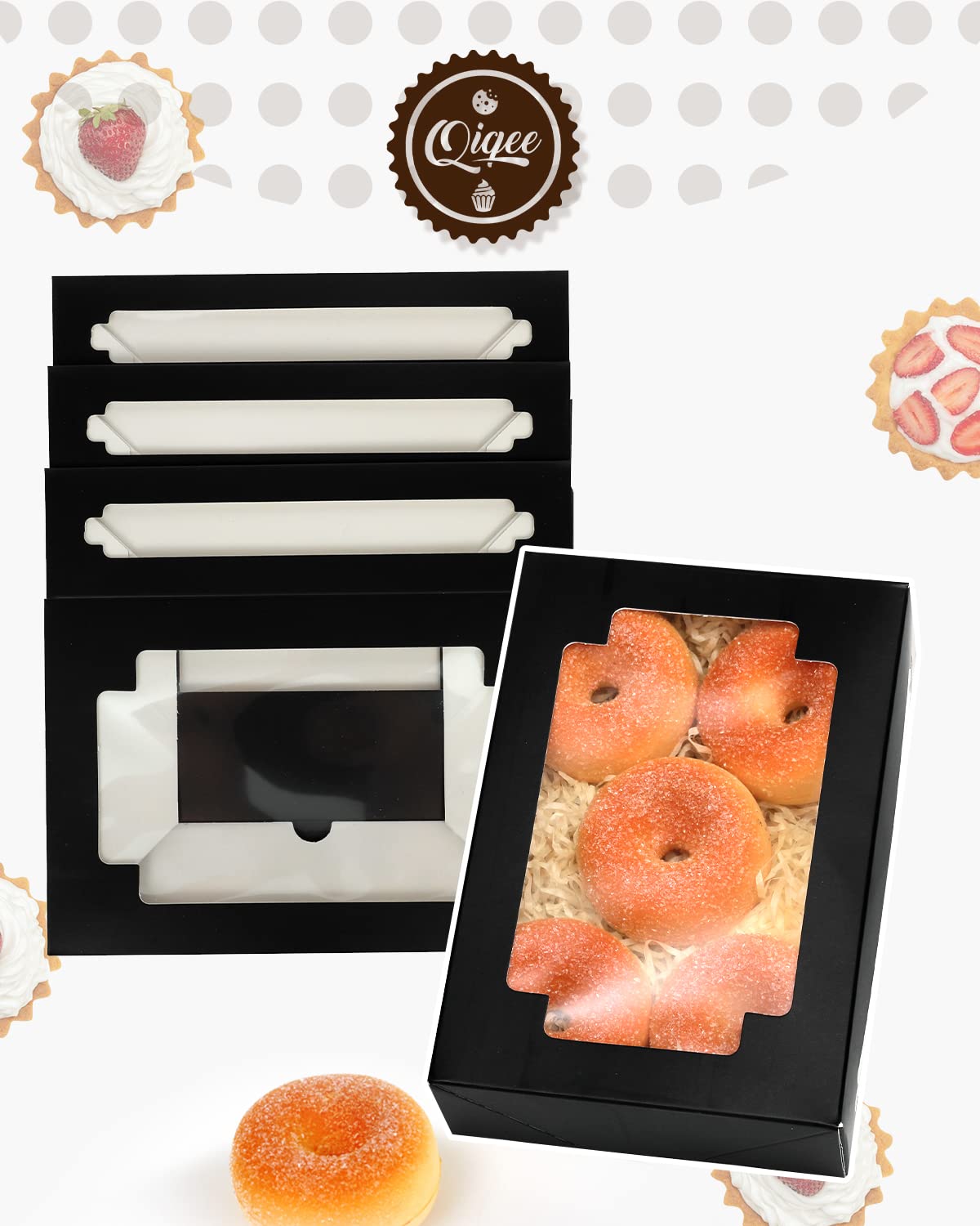 qiqee 36Packs Auto-pop Black Cookie Boxes for Gift Giving 8x5.3x2 inch Black One Second Fold Bakery Box with Window Treat Box for Donuts Candies and Biscuit