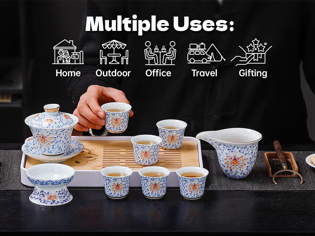 REOWONU Japanese Tea Set Traditional with 6 Cups, Chinese Gongfu Tea Set for Adults, Gold-plated Edge Craftsmanship (Entwined lotus 6cups)