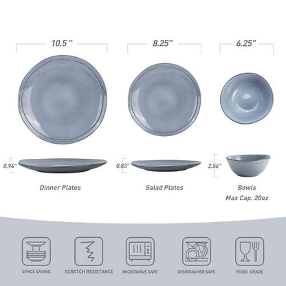 Famiware Aegean Stoneware Dinnerware Set for 8, Plates and Bowls Sets, 24 Pieces Scratch Resistant Dinner Set, Handmade Irregular Round Dishes - Microwave and Dishwasher Safe, Blue Grey