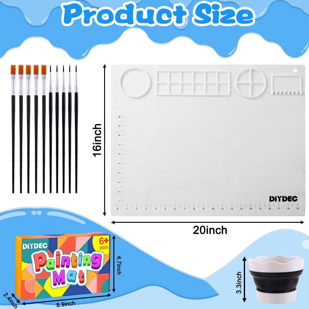 DIYDEC Silicone Craft Mat for Kids 20X16 Inch Large Painting Mat with Detachable Cup &10 Painting Brushes Silicone Art Mat for Adult DIY Gift Accessories (White)
