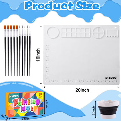 DIYDEC Silicone Craft Mat for Kids 20X16 Inch Large Painting Mat with Detachable Cup &10 Painting Brushes Silicone Art Mat for Adult DIY Gift Accessories (White)