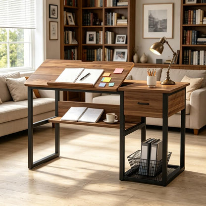 Drafting Table with Adjustable Drawing Board, Storage Drawer and Shelves, Wood and Metal, 47.24 x 23.62 x 29.53 Inch