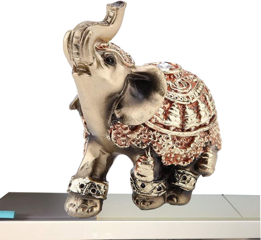 Golden Polyresin Elephant Statue, Lucky Collectible Figurine Gift Home Decor Feng Shui Ornament (Small)