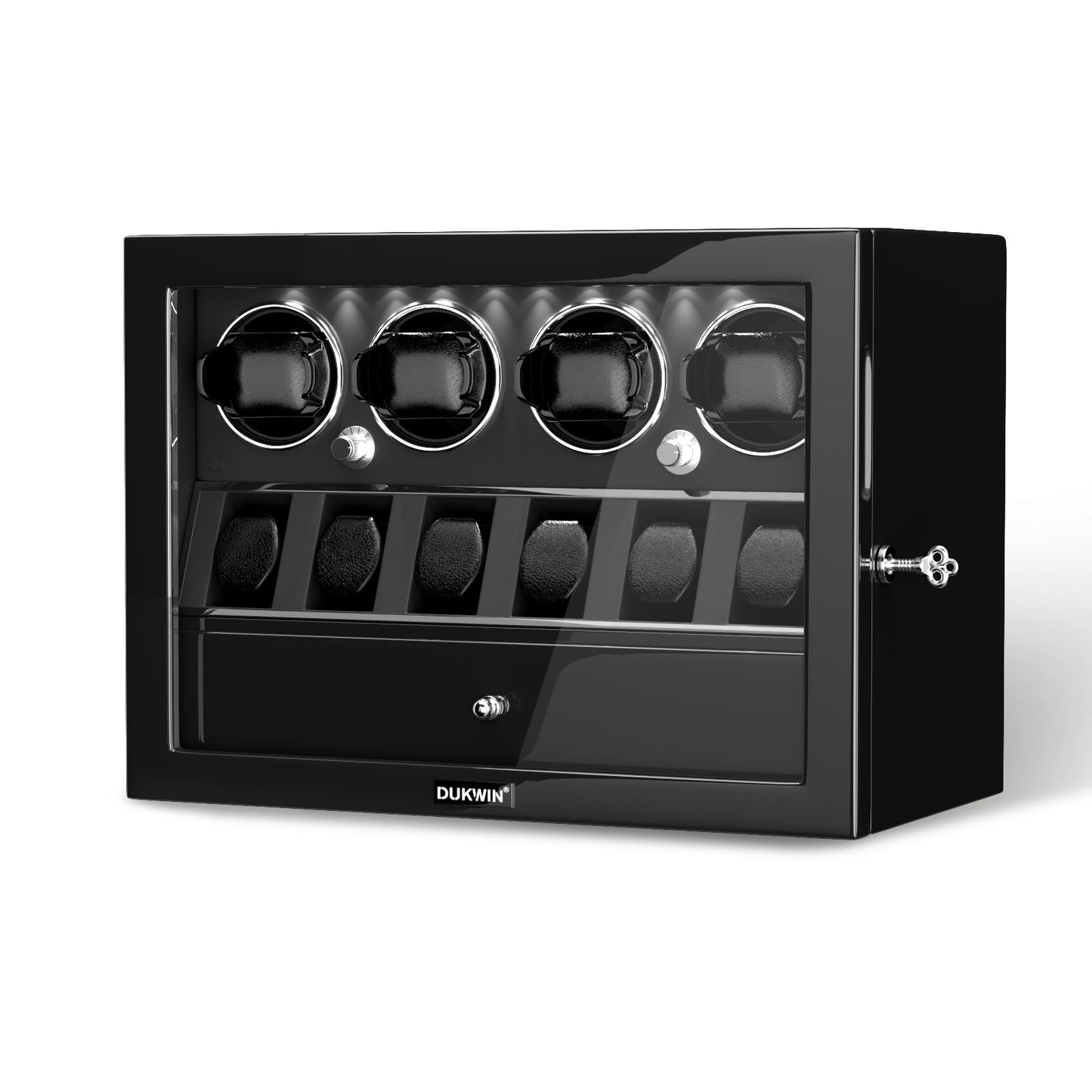 DUKWIN Watch Winder for 4 Automatic Watches, Watch Winders with Watch and Jewelry Storages, Super Quiet Mabuchi Motor with High-Gloss Piano Lacquer Finish,Built-in Illumination