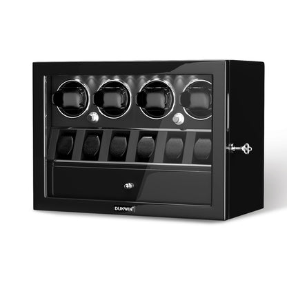 DUKWIN Watch Winder for 4 Automatic Watches, Watch Winders with Watch and Jewelry Storages, Super Quiet Mabuchi Motor with High-Gloss Piano Lacquer Finish,Built-in Illumination