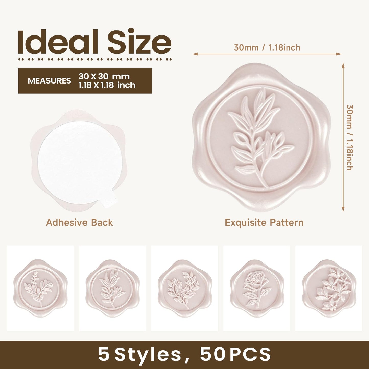 Pollize 50PCS Champagne Wax Seal Stickers 5 in 1, Wedding Envelope Seal Stickers, Self-Adhesive 3D Leaf Design Wax Seals for Invitation, Gift Wrapping, Graduation Party (Leaf Styles)