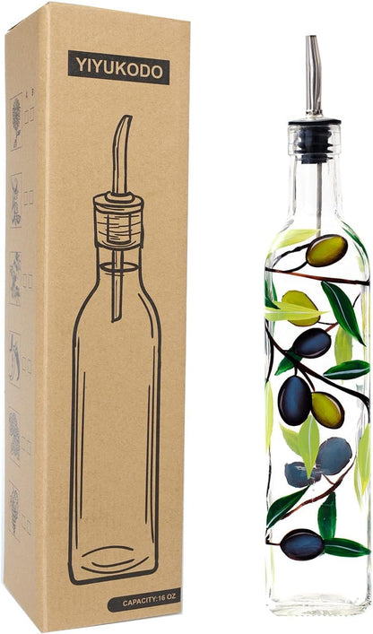 17oz 500ml (olive1) Hand Painted Glass Olive Oil Bottle Dispenser- Green Oil & Vinegar Cruet with Pourers - Olive Oil