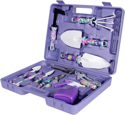 Gardening Tools, LEKEONE 10 Pieces Garden Tools with Floral Print, Ergonomic Handle Trowel Rake Weeder Pruner Shears Sprayer,Gardening Supplies with Carrying Case Gifts for Women