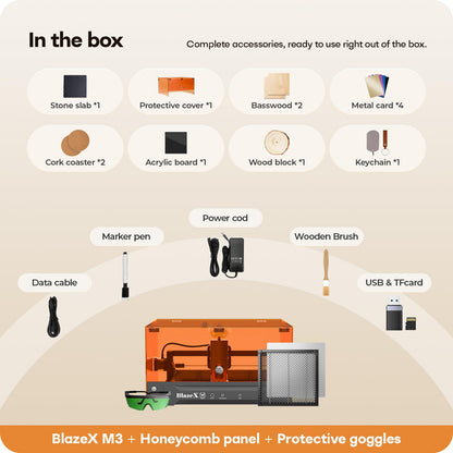 BlazeX M3 10W Laser Engraver Ultimate Bundle with Rotary Roller and Risers Kit, Air Purifier, Air Assist, Honeycomb Bed, Enclosure, Engraving Materials, Class 1