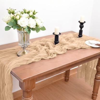 Joanlody Champagne Cheesecloth Table Runner Spring Summer 10Ft Rustic Gauze Boho Cheese Cloth Table Runner for Wedding Bridal Baby Shower Decoration