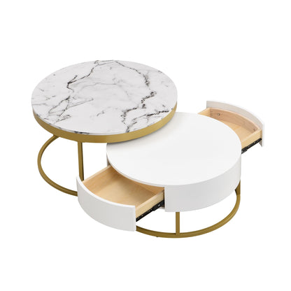 Merax 2-Piece Round Nesting Coffee Table Set with 2 Large Drawers, Marble Finish Tops & Ample Hidden Storage, Space Saving Modern Accent End Tables for Living Room, Apartment, White+Golden