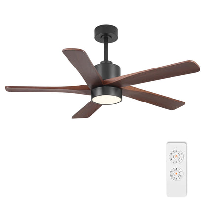 WINGBO 48 Inch DC Ceiling Fan with Lights and Remote Control, 5 Carved Solid Wood Blades, 6-Speed Noiseless Reversible DC Motor, Indoor Ceiling Fan in Matte Black Finish with Walnut Blades