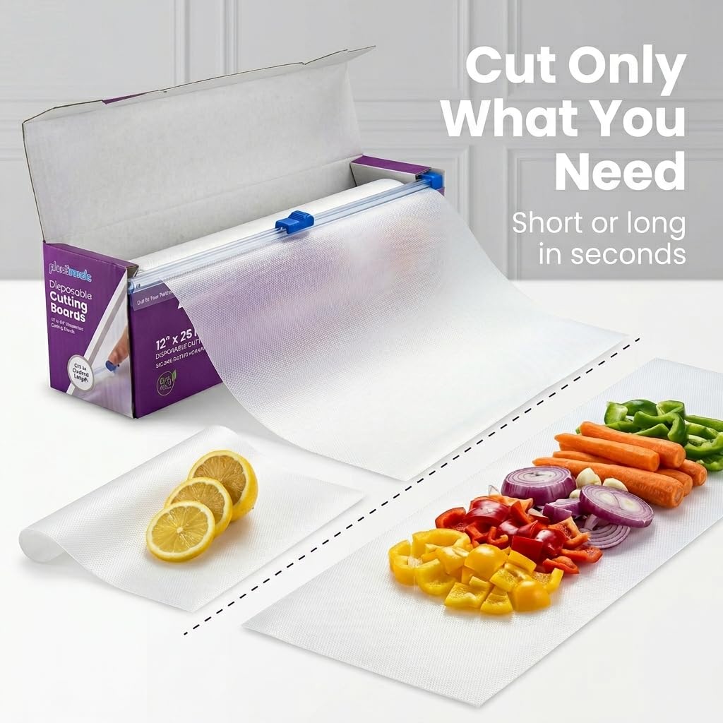 Plastimade Disposable Plastic Cutting Board | Easy To Use Flexible Cutting Board Sheets With Built In Sliding Cutter | For Thanksgiving Cooking Prep, Commercial, Traveling, Tailgating, Camping,