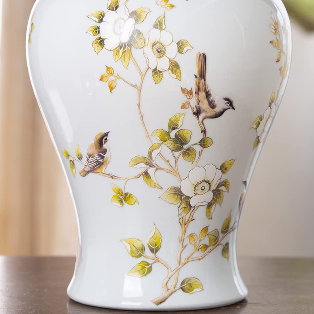 ZHOUXIAO White Ceramic Ginger Jar with Lid for Home Decor,Traditional Chinese Flowers and Birds Temple Jar, Jingdezhen Handcrafted Porcelain Vase Centerpiece Decor L