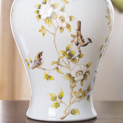 UWYTGF White Ceramic Ginger Jar with Lid for Home Decor,Traditional Chinese Flowers and Birds Temple Jar,Jingdezhen Handcrafted Porcelain Vase Centerpiece Decor L,White Small,White,M