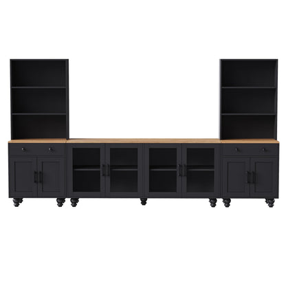 Farmhouse TV Stand with Tempered Glass Doors for TVs Up to 70", Versatile Sideboard with Adjustable Shelves, Elegant Buffet Cabinet with 5 Solid Wood Gourd-Shaped Legs for Living Room, Black