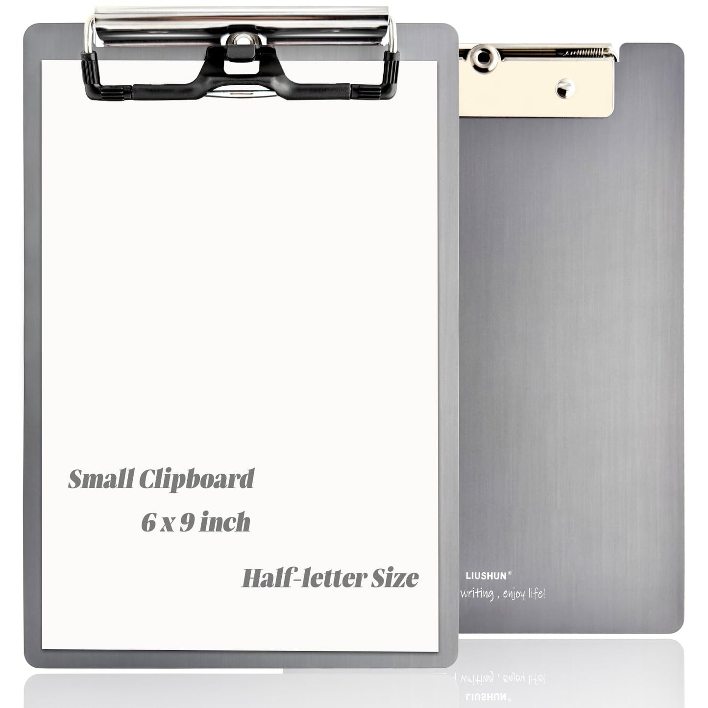 Small Aluminum Clipboard Metal A5 w/Stainless Hangable Pen Holder Low Profile Clip Board 9" x 6" Memo Message Half Letter for School Office Business Medical Workshop Factory Supplies (Grey, A5)