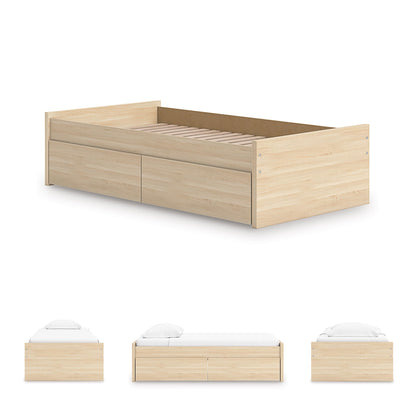 Signature Design by Ashley Onita Scandinavian 2-Drawer Twin Platform Bed with 1 Side Storage, Foundation or Box Spring Not Needed, Light Brown
