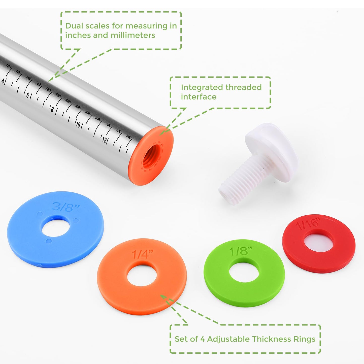 Rolling Pin nonstick and Silicone Baking Pastry Mat combo kit, Adjustable Rolling Pin With Thickness Rings for Baking Fondant, Pizza, Pie, Pastry, Pasta, Dough, Cookies (red)
