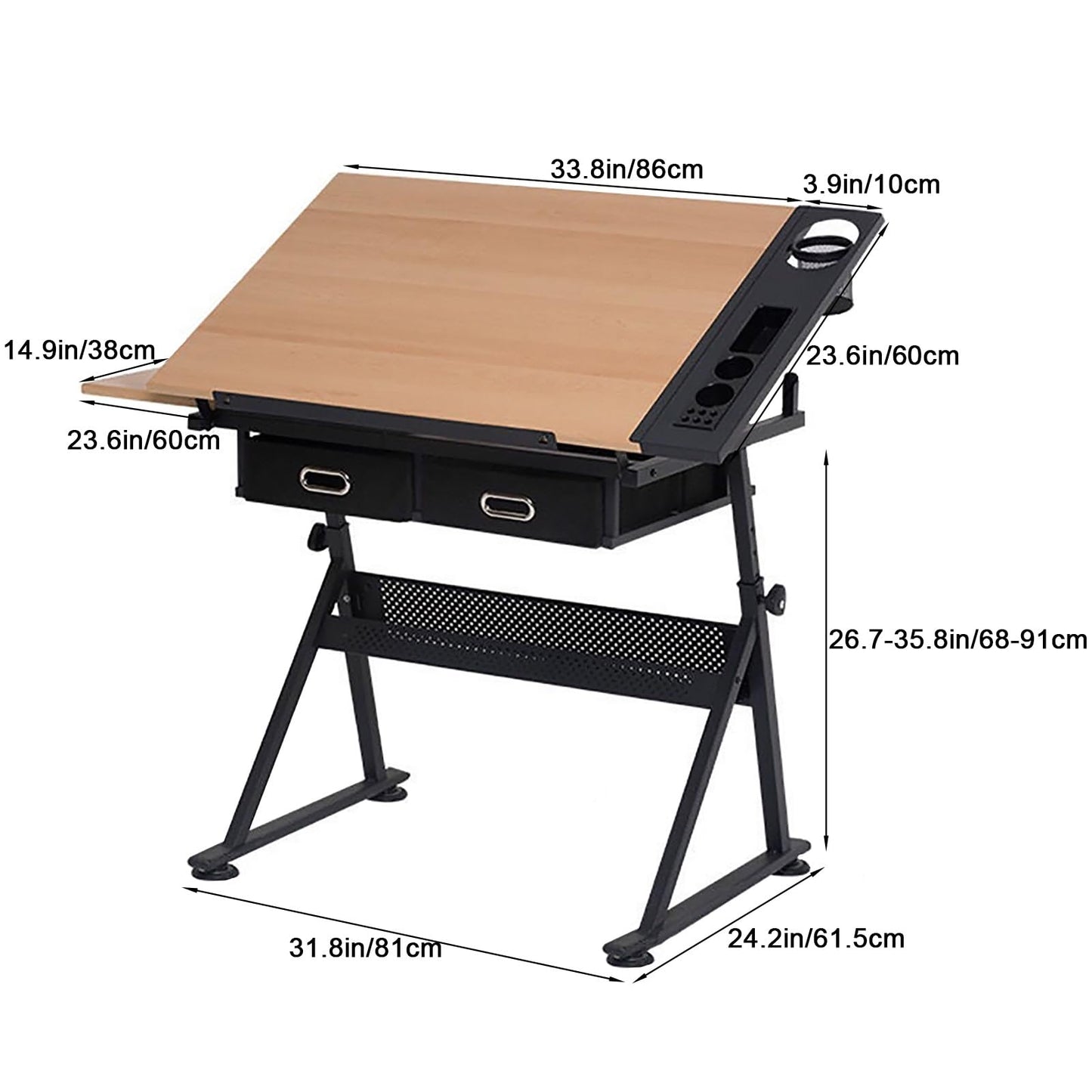 YDBMY Height Adjustable Drafting Table, Drawing Desk, Glass Art Desk, with Storage, for Home, School, Office, Working Station(Color:Natural)