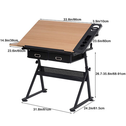 YDBMY Height Adjustable Drafting Table, Drawing Desk, Glass Art Desk, with Storage, for Home, School, Office, Working Station(Color:Natural)