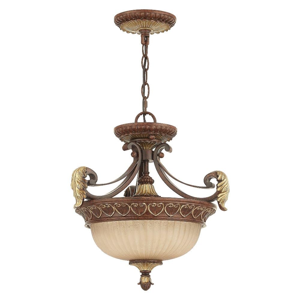 Livex Lighting 8577-63 Villa Verona 2 Light Verona Bronze Finish Flush Mount/Hanging Lantern with Aged Gold Leaf Accents and Rustic Art Glass