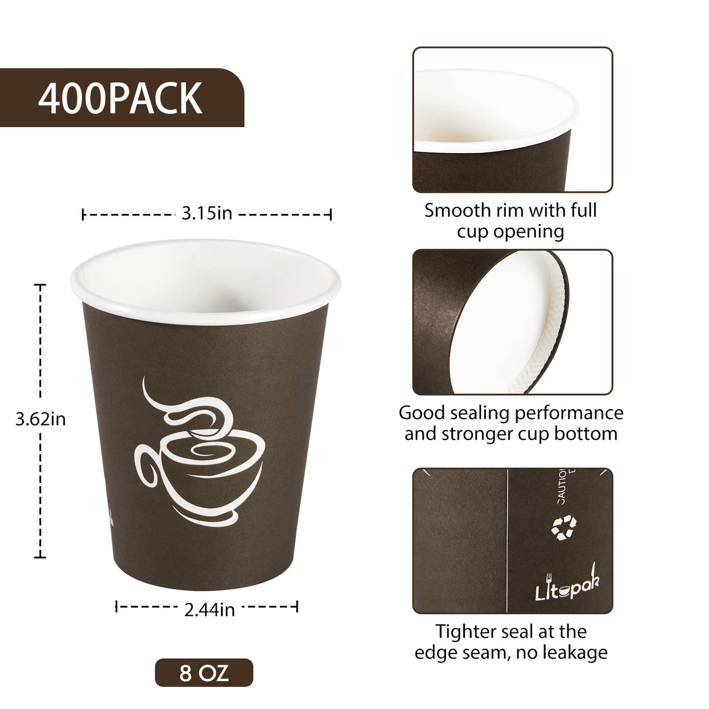 LITOPAK 400 Pack 8 oz Paper Cups, Brown Disposable Hot Coffee Cups for Party, Picnic, Travel, and Events