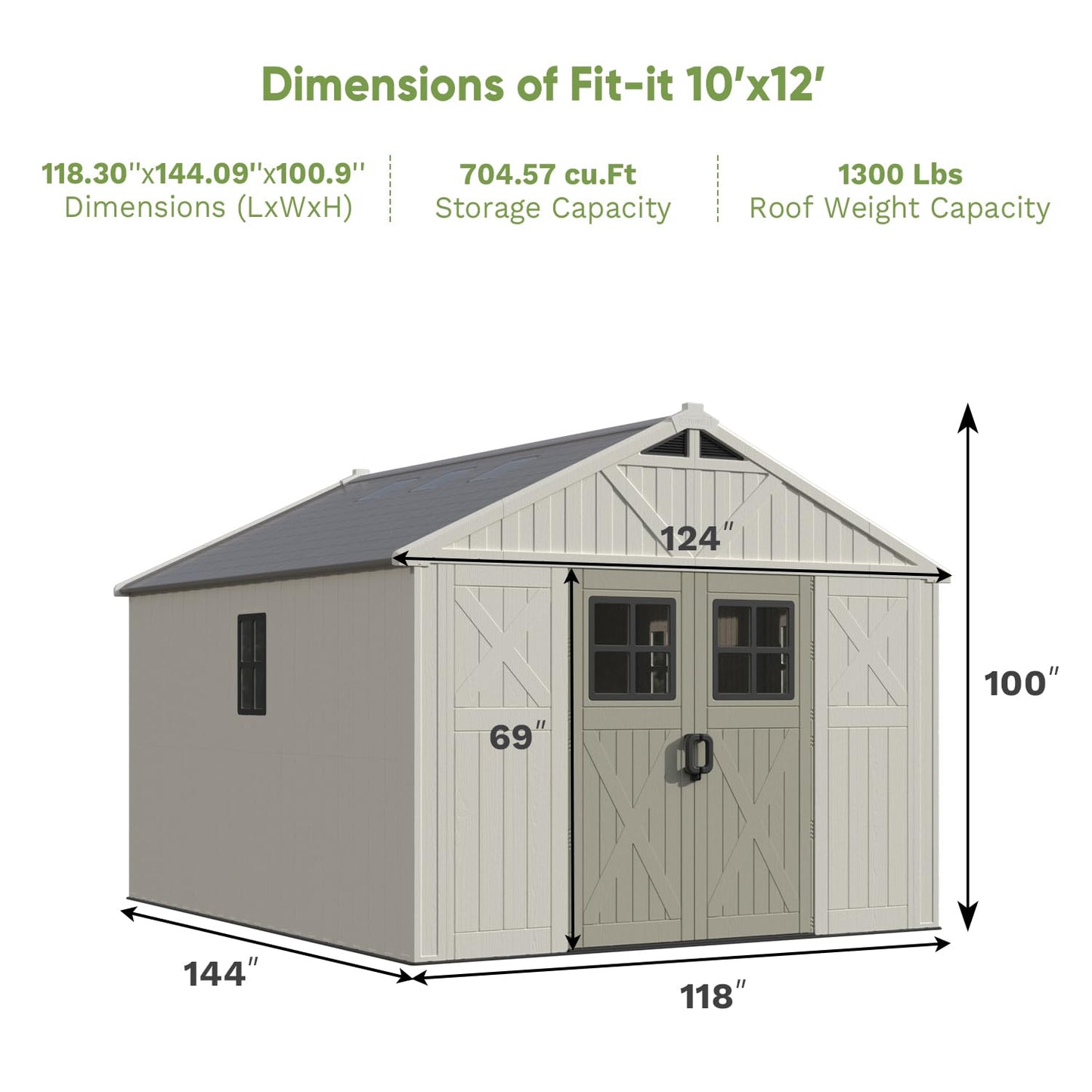 Patiowell 10x12 FT Outdoor Storage Shed with Floor and Lockable Door, All Weather Plastic Shed Garden Shed with Skylight and Multiple Windows for Backyard, Patio, Lawn, Beige