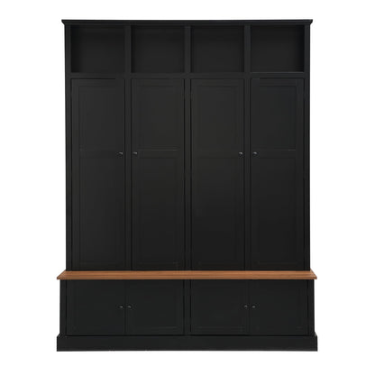 Shaical Hall Tree with Bench and Shoe Storage, 4-in-1 Entryway Bench with Coat Rack & Cabinets, Open Cubbies 4 Hooks, 76.7" H Wooden Storage Organizer for Hallway, Mudroom, Entrance, Black