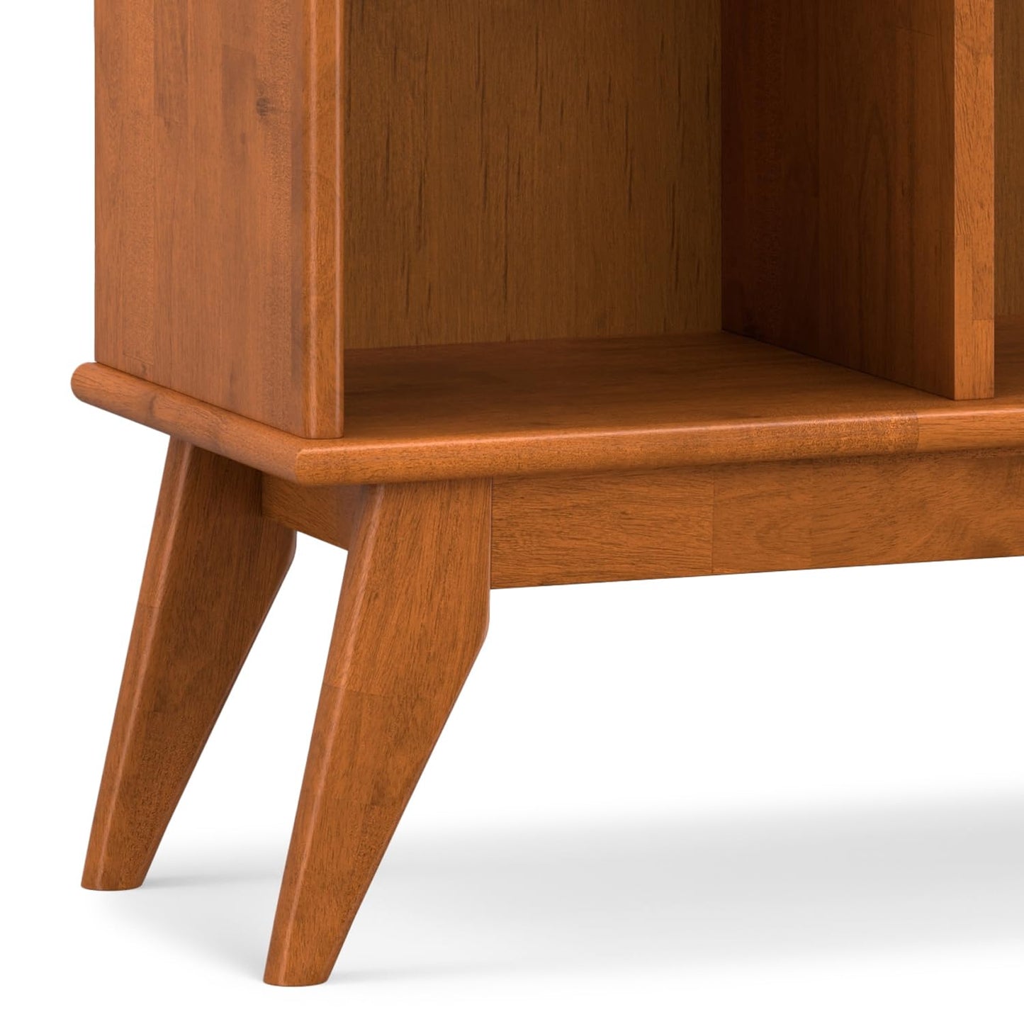 SIMPLIHOME Draper Console Table - 57 Inch Wide Solid Hardwood 8-Cube Sofa Table in Teak Brown, Mid-Century Modern Bookcase for Entryway or Living Room with 8 Open Storage Cubbies and Tapered Legs