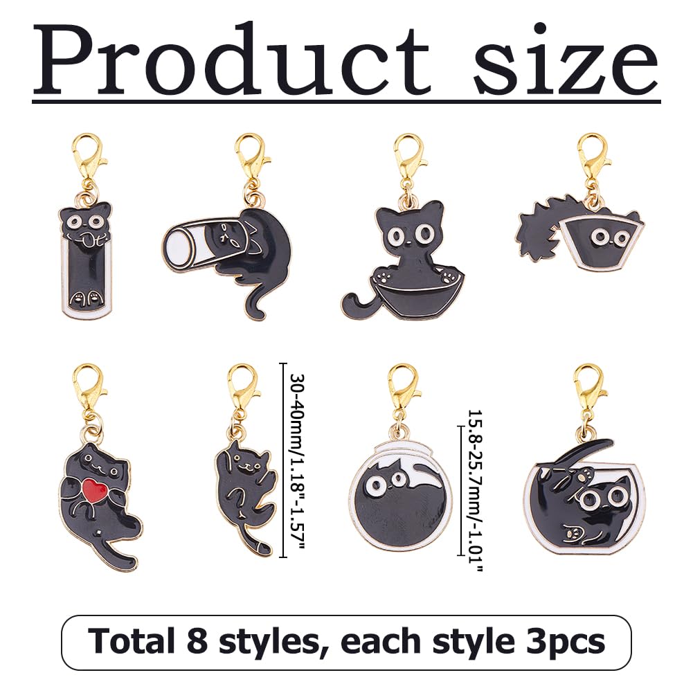 Hobbspring 24Pcs Stitch Markers for Crocheting and Knitting 8 Styles Black Cat Alloy Lobster Clasps Enamel Locking Charms Durable Craft for Knitting Earring Jewelry Making Accessories