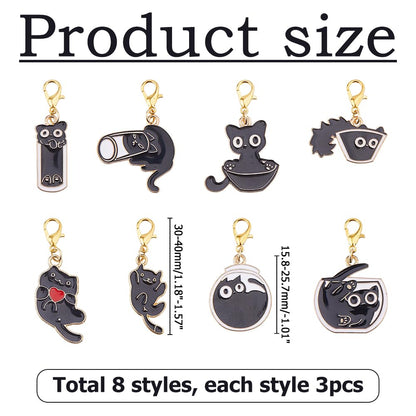 Hobbspring 24Pcs Stitch Markers for Crocheting and Knitting 8 Styles Black Cat Alloy Lobster Clasps Enamel Locking Charms Durable Craft for Knitting Earring Jewelry Making Accessories