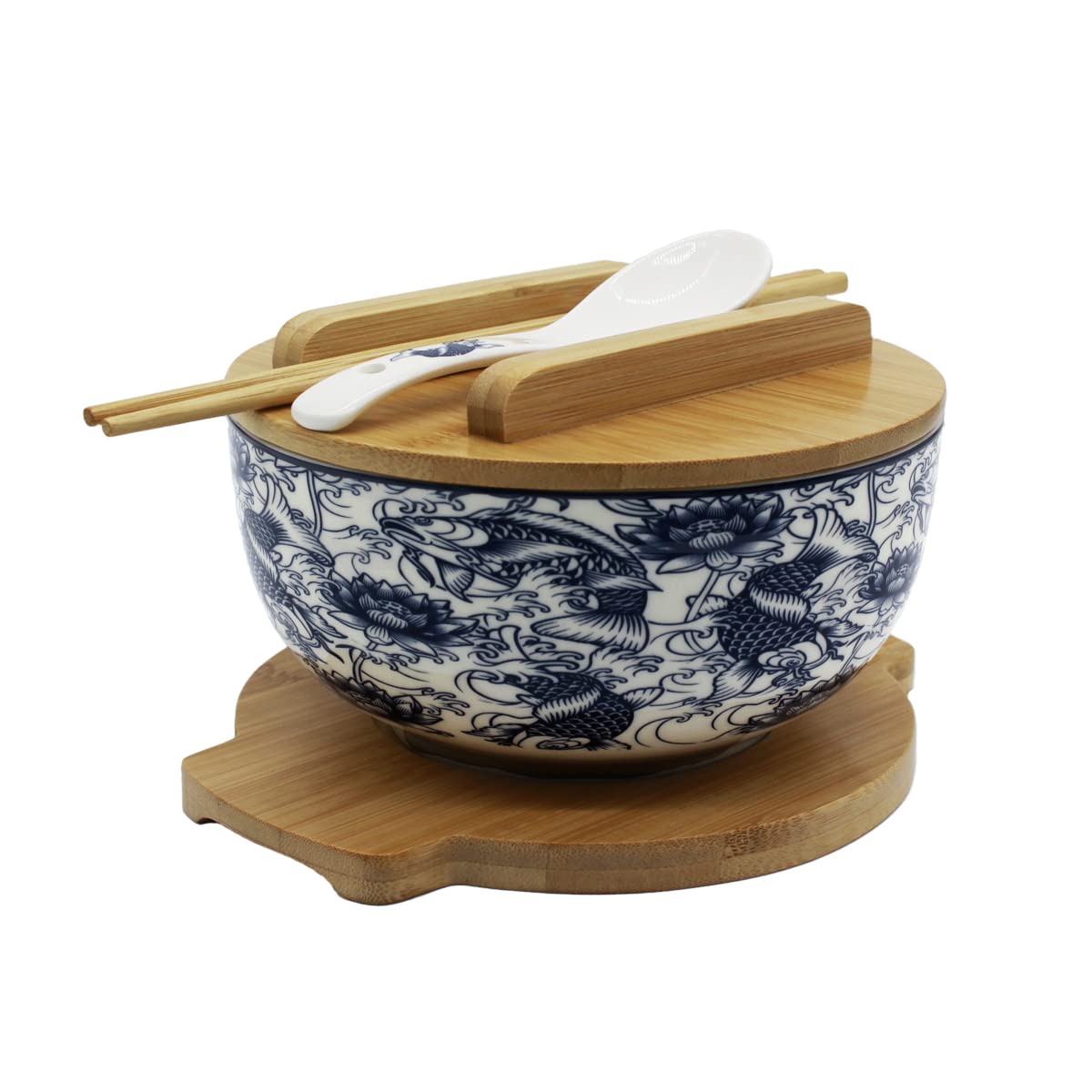 XWORLD Japanese Ceramic Ramen Noodle Bowls Set with Ceramic Spoon, Bamboo Chopsticks, Lid & Trivet, Serving Capacity of 33.8 OZ, Microwavable Oven Safety (3.3” x 6.6” D) (Blue Fish)