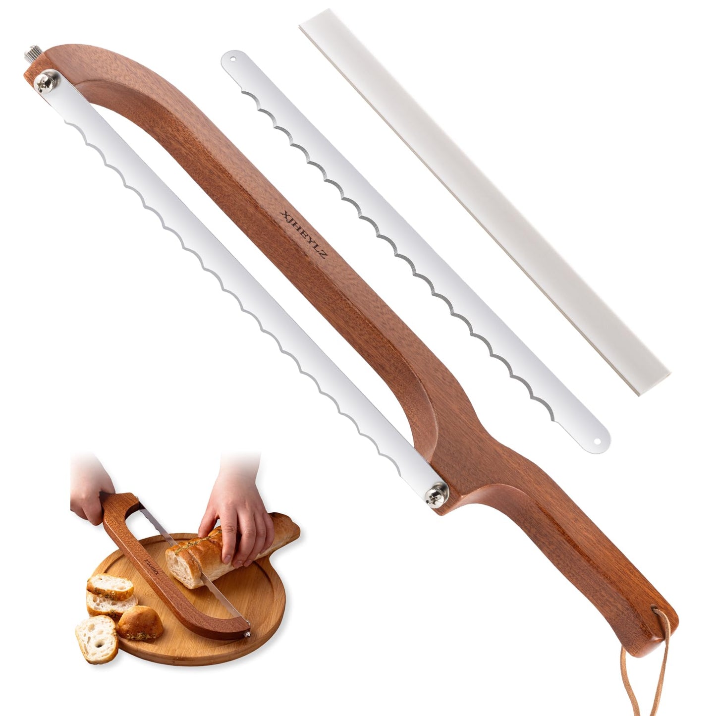 XJHEYLZ Sourdough bread knife,Bread Slicer for Homemade Bread,Adjustable blade tightness for Even Slicing, Serrated knife,Wooden Bread cutter with Bow Design (3, Red-brown color)