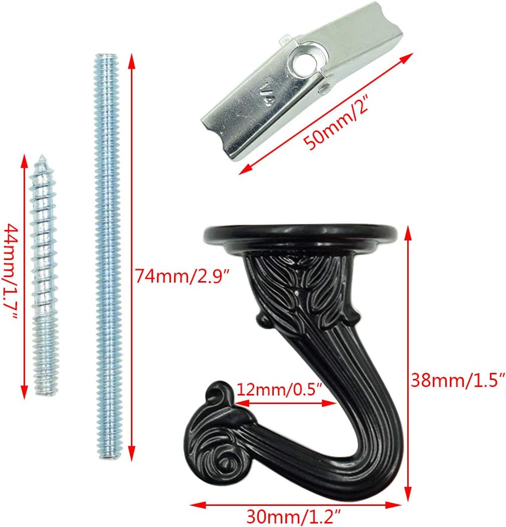 Hxchen 38mm/1.5" Heavy Duty Ceiling Hooks - Swag Hook with Steel Screws for Hanging Plants, Black (2 Sets)