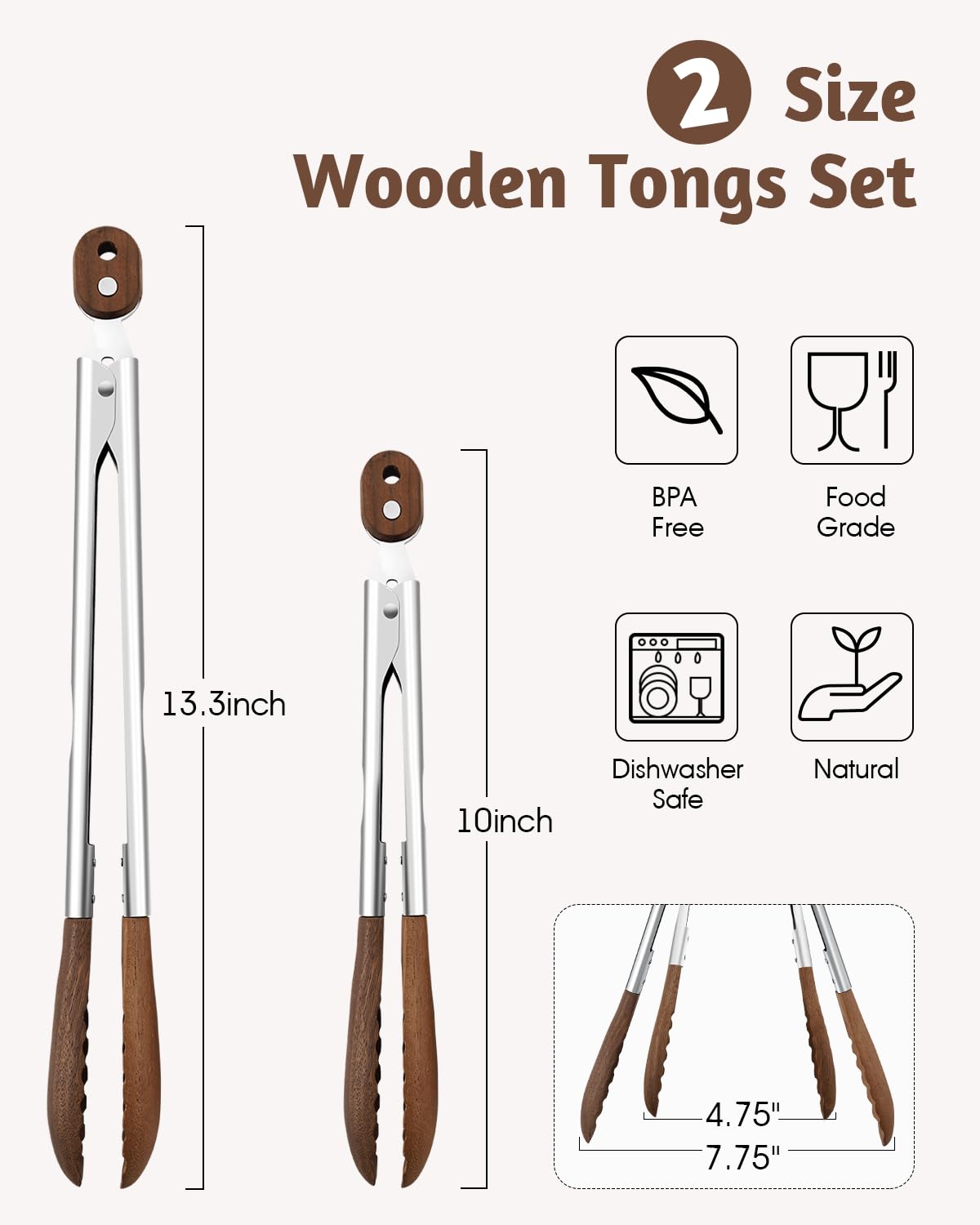 Bakpoco 10 & 13 Inch Wooden Tongs for Cooking, Kitchen Stainless Steel Salad Tongs with Walnut Wood Tip, Serving Food Toaster Bread Non Toxic Grill Tong, Smooth Locking & Hanging Cooking Utensils Set