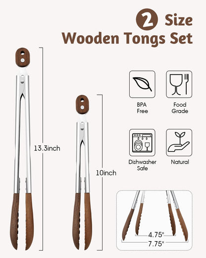 Bakpoco 10 & 13 Inch Wooden Tongs for Cooking, Kitchen Stainless Steel Salad Tongs with Walnut Wood Tip, Serving Food Toaster Bread Non Toxic Grill Tong, Smooth Locking & Hanging Cooking Utensils Set