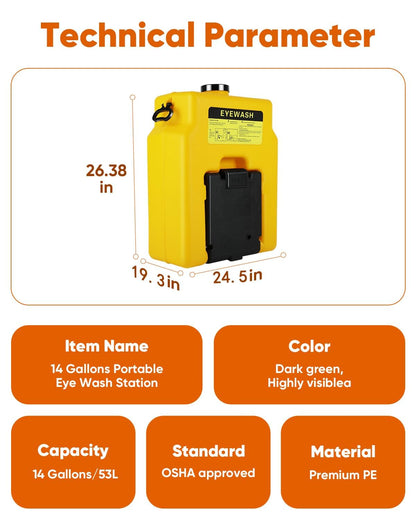 14 Gallon Portable Eyewash Station, OSHA Approved Eye Wash Station for Wall Not Plumbed, Gravity Fed Emergency Eyewash Station with 15 Minute Flush, Eye Wash Station for Construction Site Lab Garage