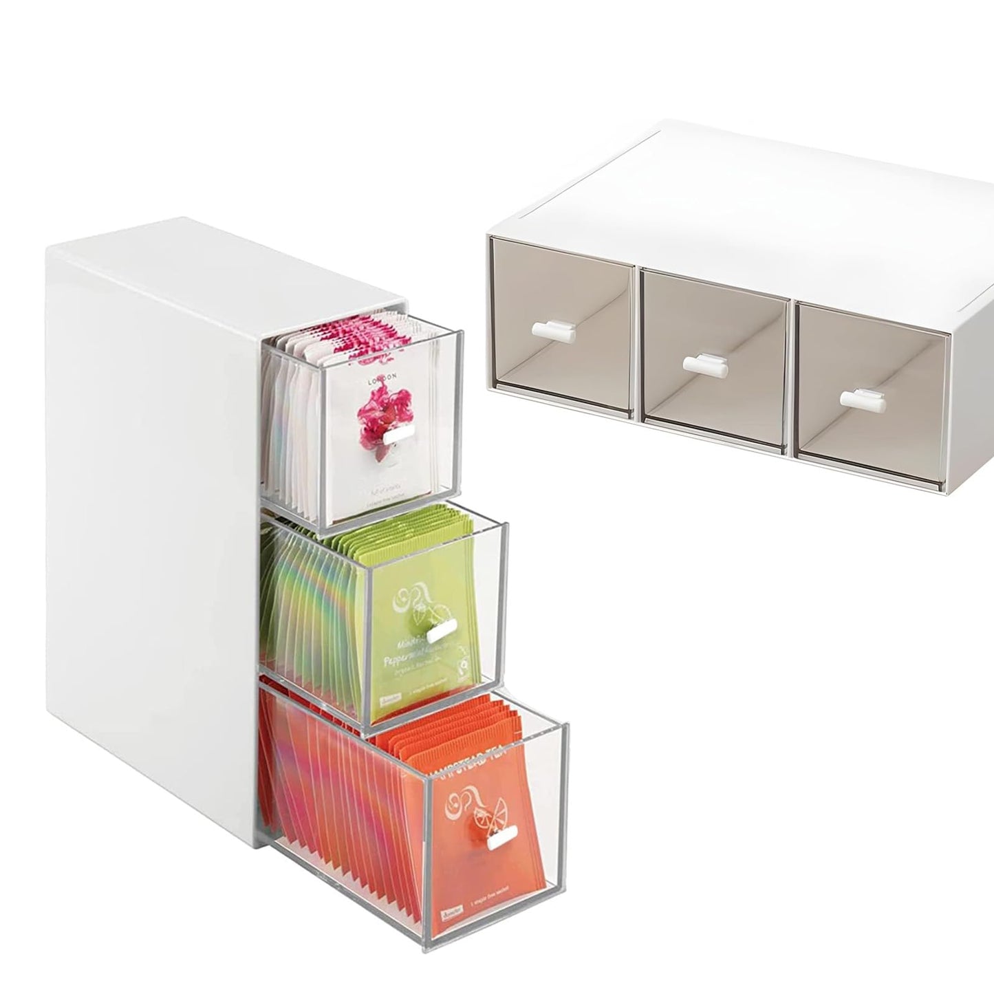 Plastic Tea Bag Organizer with 3 Drawers, Desk Drawer Organizer, Stackable Storage Drawers, White Tea Box, Makeup Organizer, Clear Tea Bag Storage, Coffee Storage for Tea Bags, Sugar Packets, Cosmetic