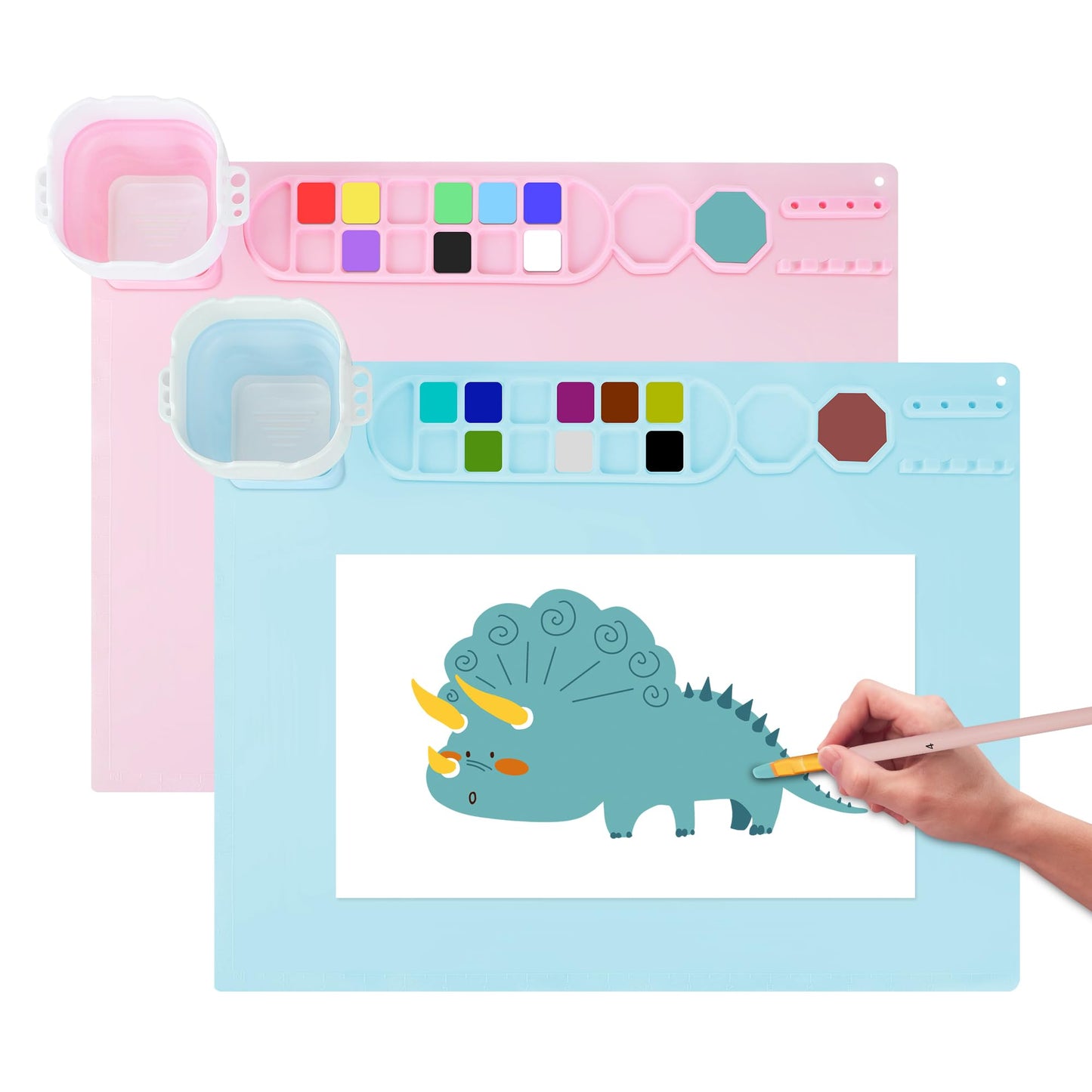 MEKOTRIN 2PCS Silicone Painting Mat, 20"X16" Art Mat with Cup and Palettes, Silicone Craft Mat has 16 Color Dividers, Paint Mat for Artist Clay DIY Creations(Pink+Blue)