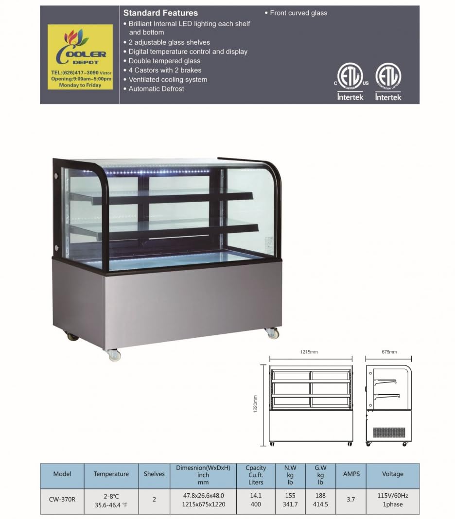 Refrigerated Bakery Display Cooler Case for Pastry Deli Curved 48" Wide Cooler Glass Display Curve Case Refrigerator - Commercial NSF UL ETL CW-370R