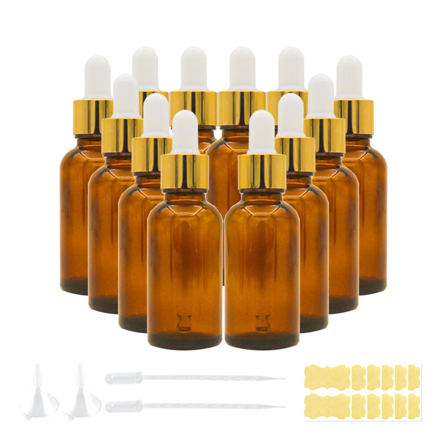 AGZHTYJQ Set of 12, 1 oz Amber Dropper Bottles for Essential Oils, Perfumes with 2 Funnels & 12 Labels -30ml Amber Glass with Eye Droppers - Tincture Bottles, Leak Proof Travel for Liquids