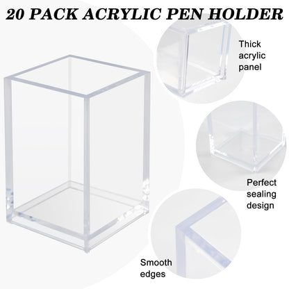 20 Pack Clear Acrylic Pen Holder for Desk, Pencil Cup Makeup Brush Organizer, Square Acrylic Pencil Holders for Office School Home Supplies, Desktop Stationery Organizer for Pens Markers Brushes