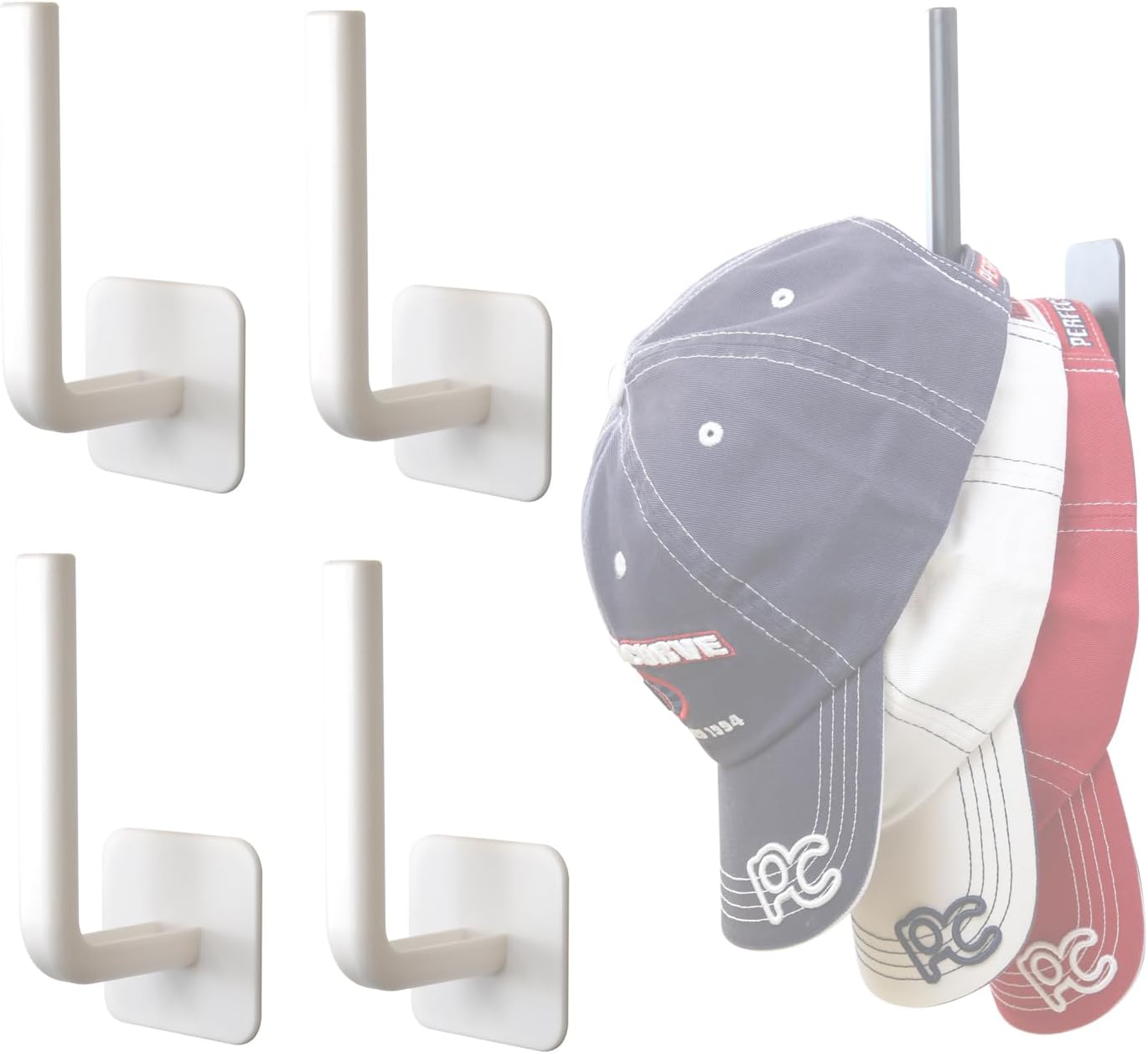 Perfect Curve Hat Organizer Adhesive Hooks, Durable No Drilling Hat Rack for Baseball Caps and Accessories (White,