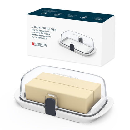 KITCHENDAO Large One-handed Butter Dish with Lid for Countertop, Airtight Butter Holder with One Press to Open/Close Secure Latching Buckle for East Coast/West Coast/European/Kerrygold Butter(White)