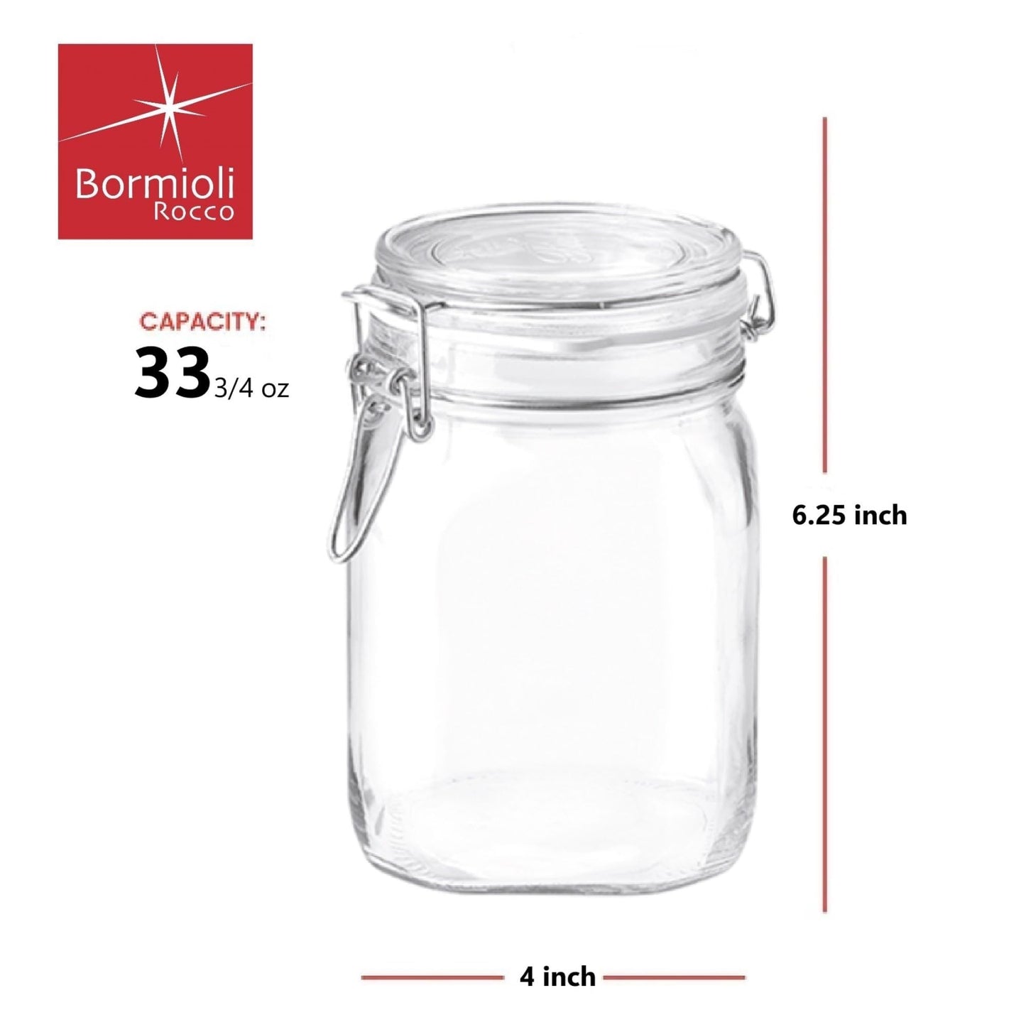 Bormioli Rocco Clear Glass Storage Jars: Airtight Hinged Lid With Leak Proof Gasket, Wide Mouth Canister Kitchen Food Container - For Zero Waste Air Tight Preserving Jam, Spices, Coffee, Sugar & Herbs