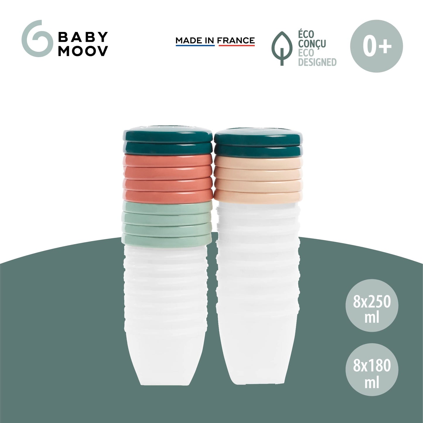 Babymoov Eco-Friendly Baby Food Jars Set of 16 (8 x 6 oz + 8 x 8.45 oz) BPA-Free Storage Containers Made from Biosourced Sugar Cane Leakproof Silicone Lids Microwave, Freezer & Dishwasher Safe