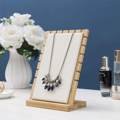 MyGift necklace display standMyGift 2-Pack Bamboo Jewelry Display Stands with PU Panel & Multi-Rung Design – Detachable Bases, Non-Scratch Surface jewelry display for vendors,